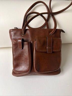 Classic Brown Leather Tote Bag with Front Pockets